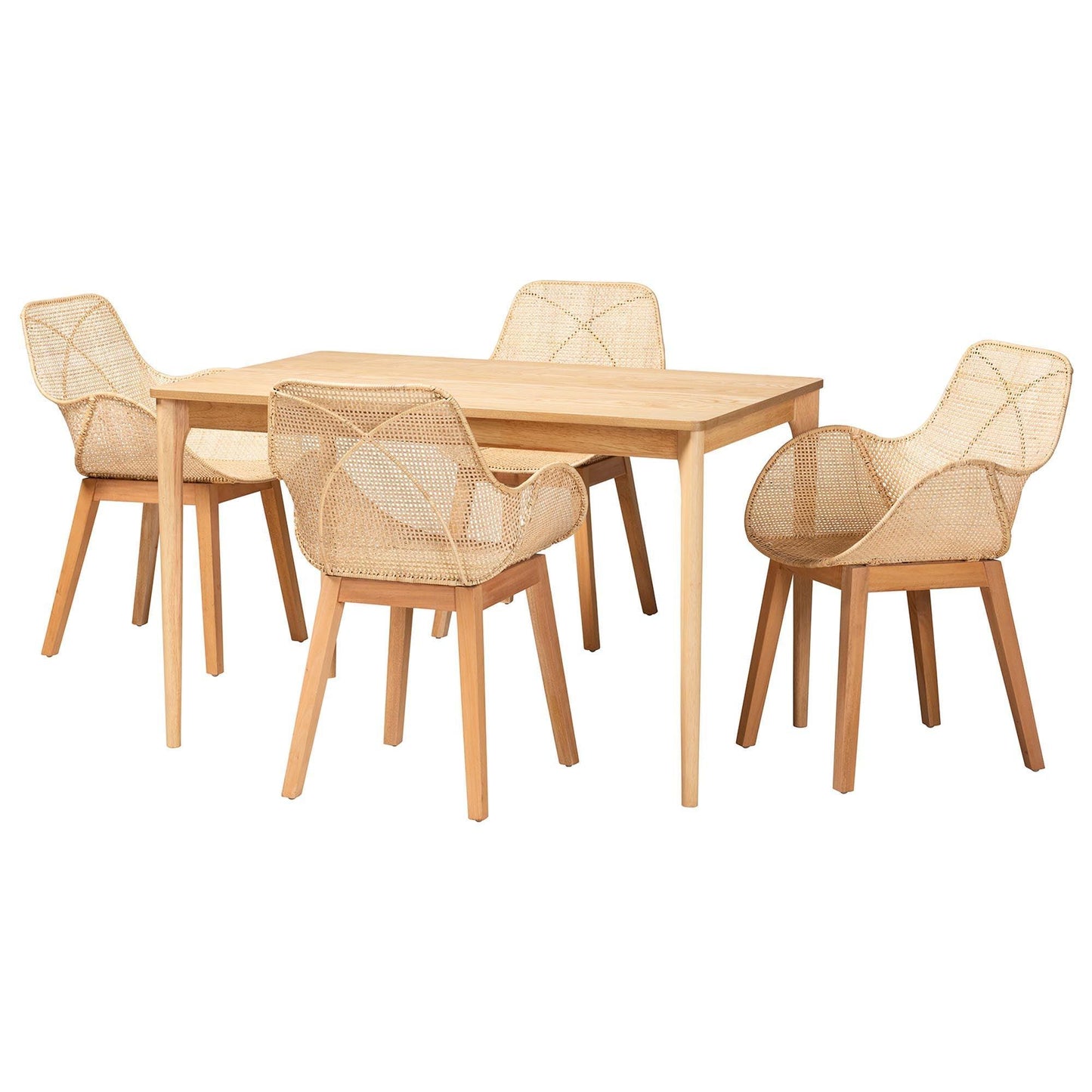 Ballerina Japandi Natural Brown Mahogany Wood and Rattan 5-Piece Dining Set FredCo