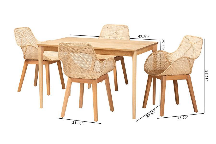 Ballerina Japandi Natural Brown Mahogany Wood and Rattan 5-Piece Dining Set FredCo