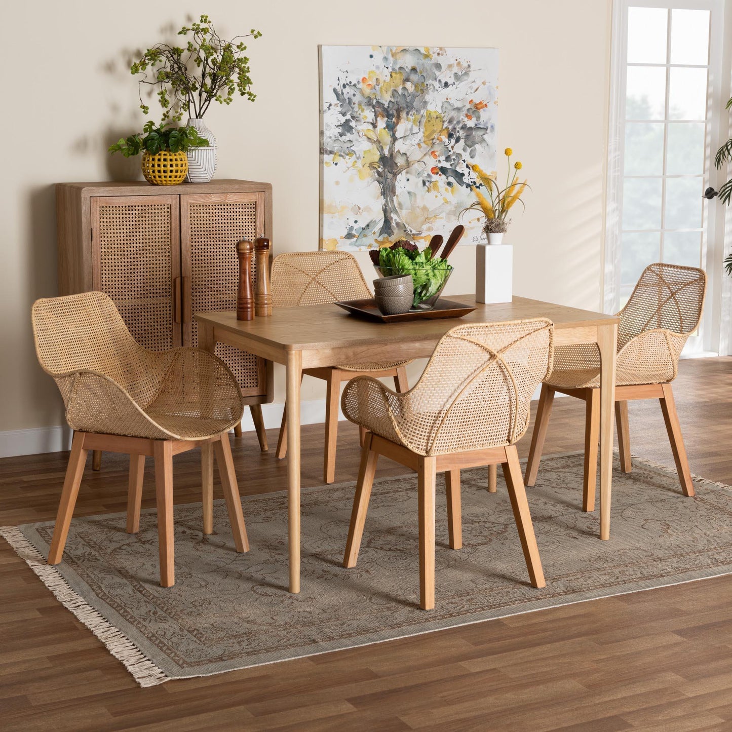 Ballerina Japandi Natural Brown Mahogany Wood and Rattan 5-Piece Dining Set FredCo