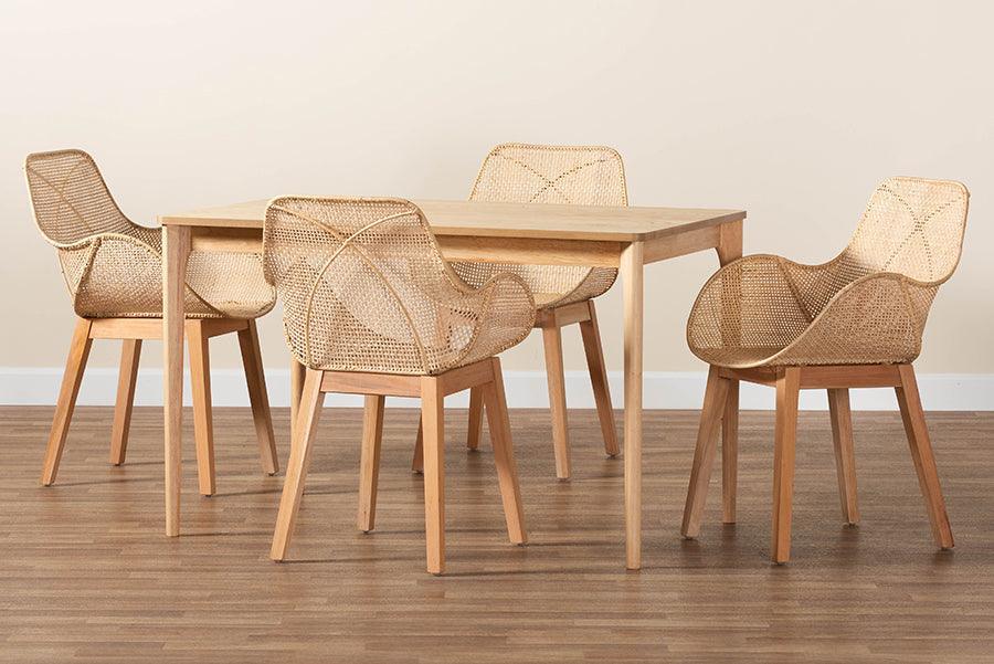 Ballerina Japandi Natural Brown Mahogany Wood and Rattan 5-Piece Dining Set FredCo