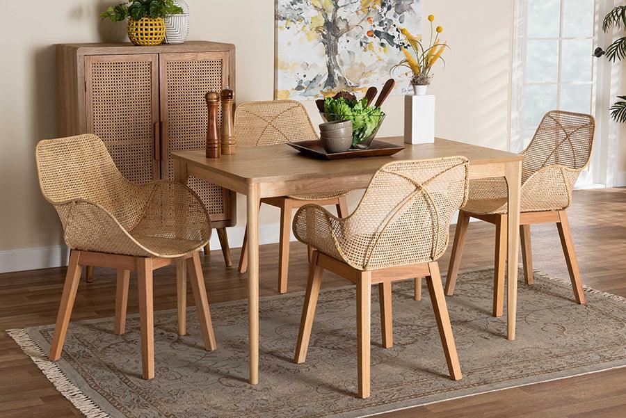 Ballerina Japandi Natural Brown Mahogany Wood and Rattan 5-Piece Dining Set FredCo
