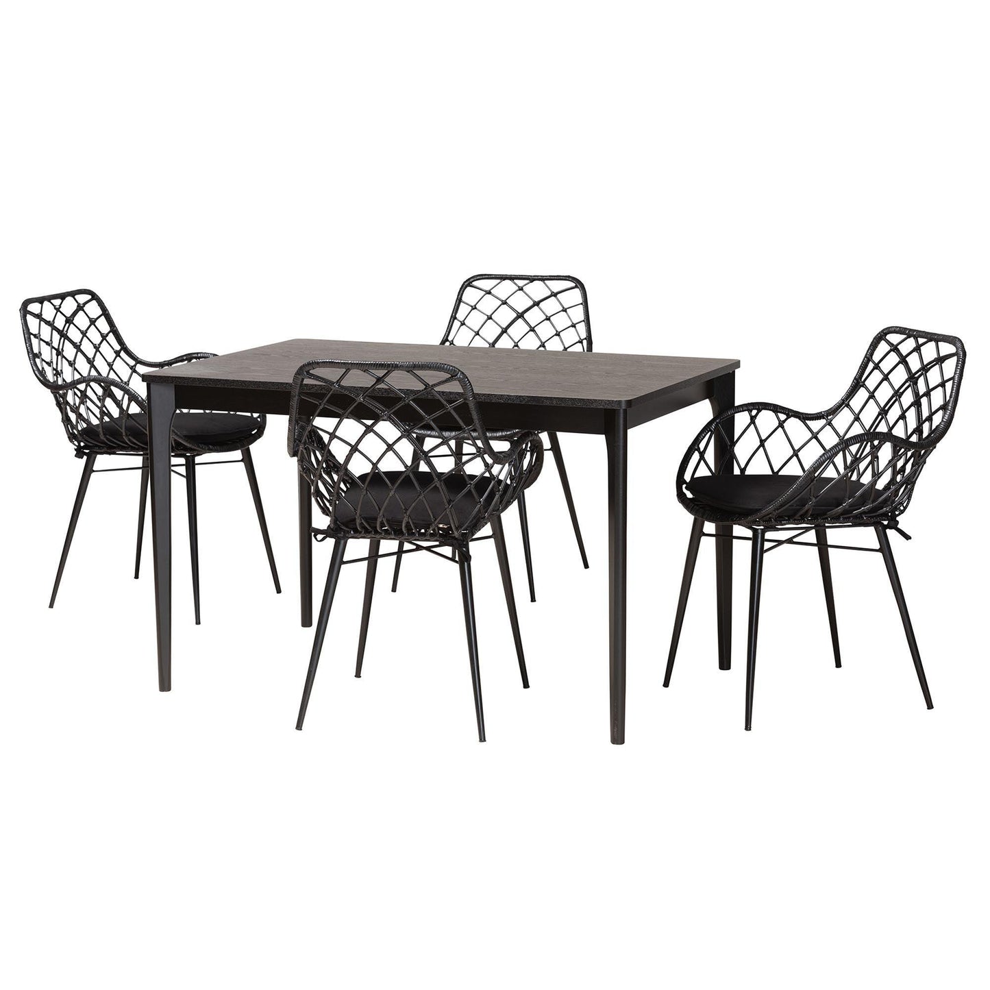 Ballerina Modern Bohemian Black Finished Wood and Rattan 5-Piece Dining Set FredCo