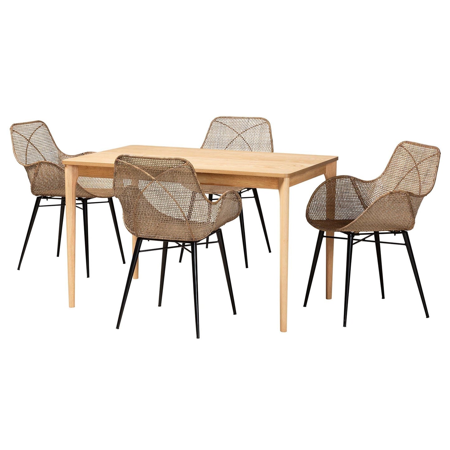 Ballerina Modern Bohemian Greywashed Rattan and Black Metal 5-Piece Dining Set FredCo