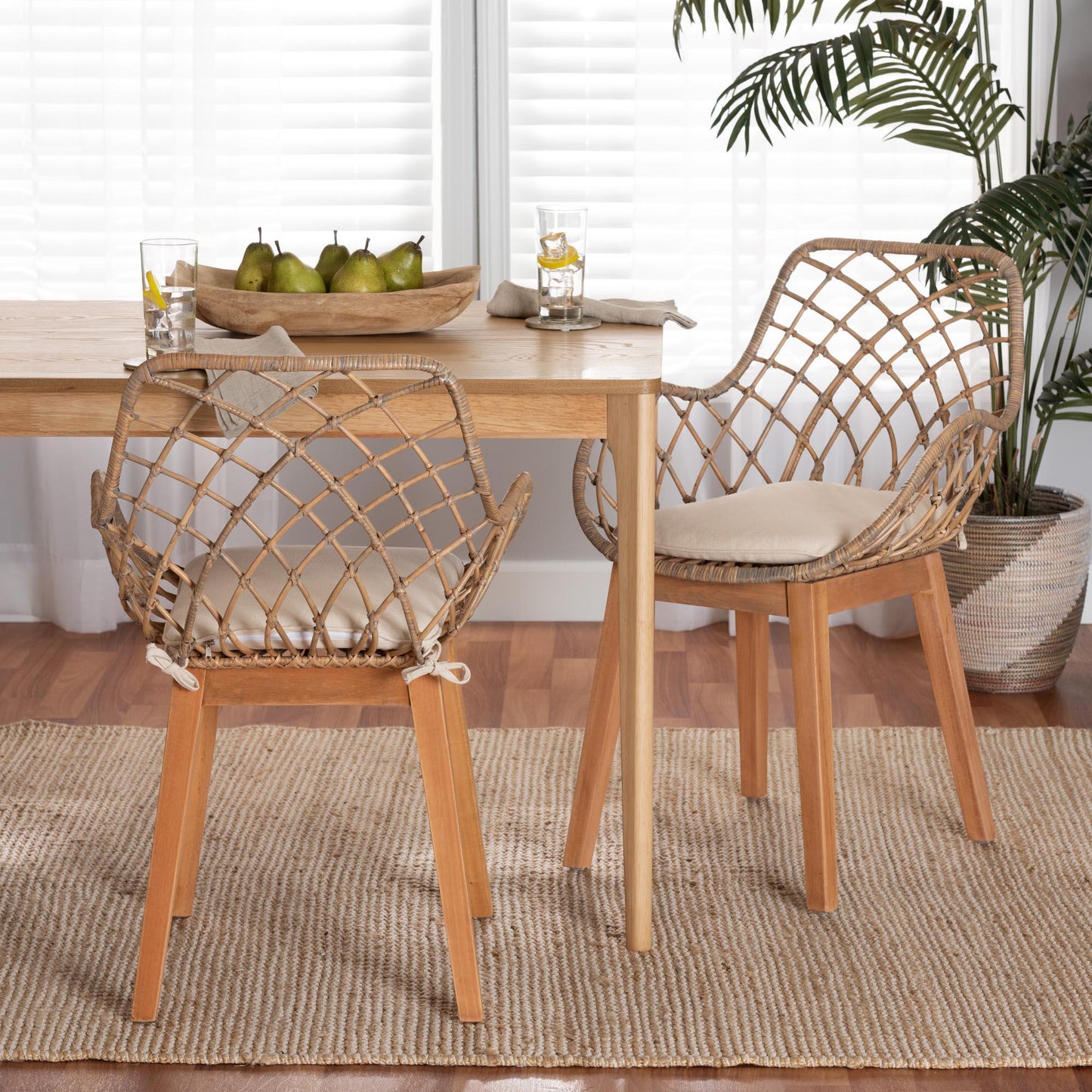 Ballerina Modern Bohemian Greywashed Rattan and Natural Brown Finished Wood 2-Piece Dining Chair Set FredCo