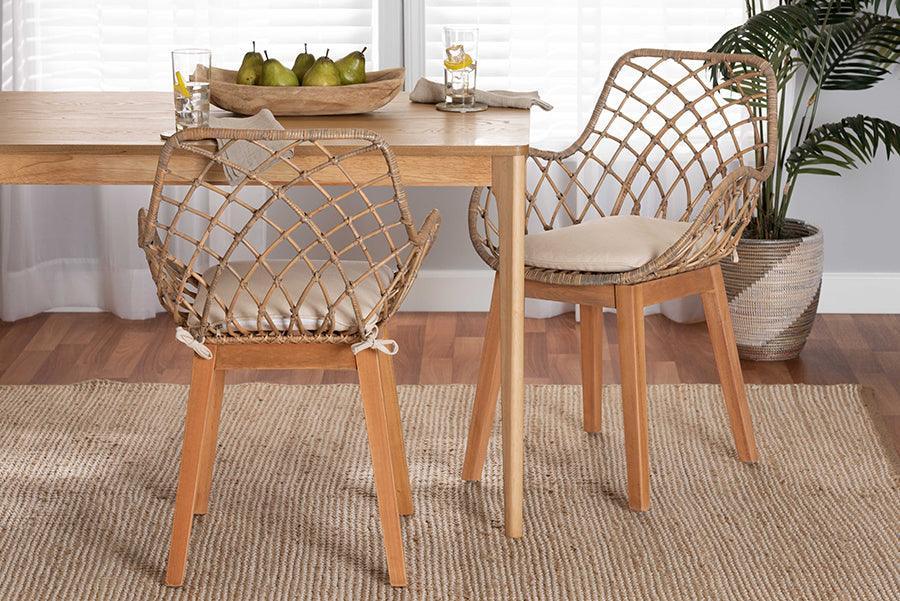 Ballerina Modern Bohemian Greywashed Rattan and Natural Brown Finished Wood 2-Piece Dining Chair Set FredCo