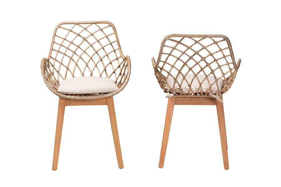 Ballerina Modern Bohemian Greywashed Rattan and Natural Brown Finished Wood 2-Piece Dining Chair Set FredCo