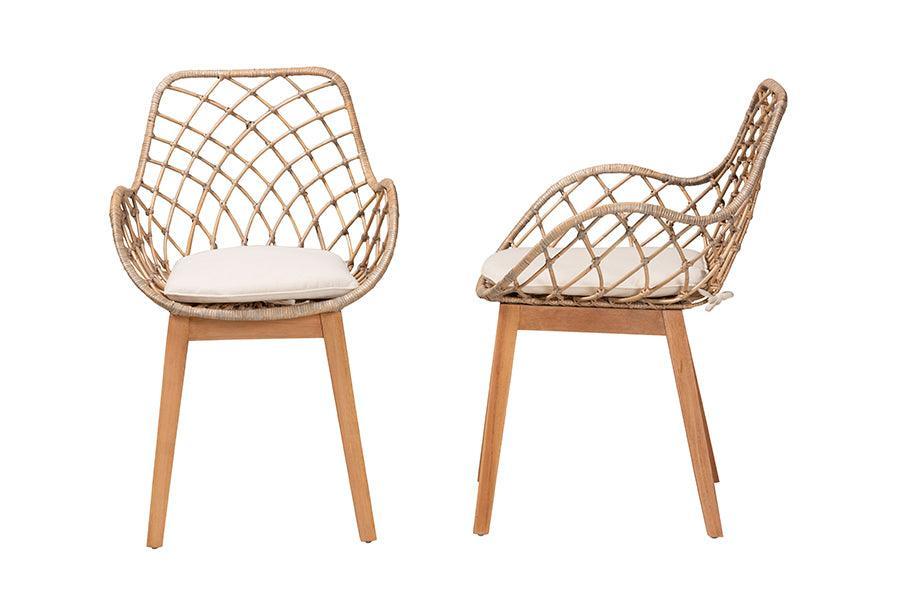 Ballerina Modern Bohemian Greywashed Rattan and Natural Brown Finished Wood 2-Piece Dining Chair Set FredCo