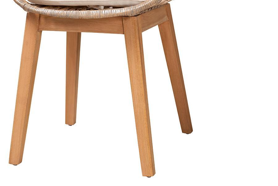 Ballerina Modern Bohemian Greywashed Rattan and Natural Brown Finished Wood 2-Piece Dining Chair Set FredCo