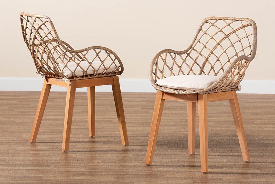 Ballerina Modern Bohemian Greywashed Rattan and Natural Brown Finished Wood 2-Piece Dining Chair Set FredCo