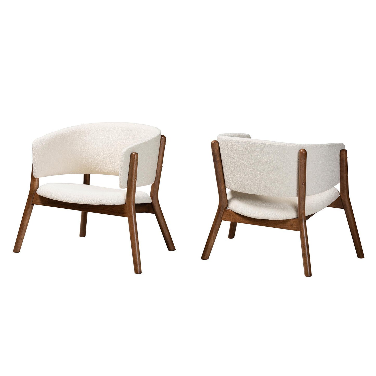 Baron Mid-Century Modern Cream Boucle Fabric Upholstered and Walnut Brown Finished Wood 2-Piece Living Room Accent Chair Set FredCo