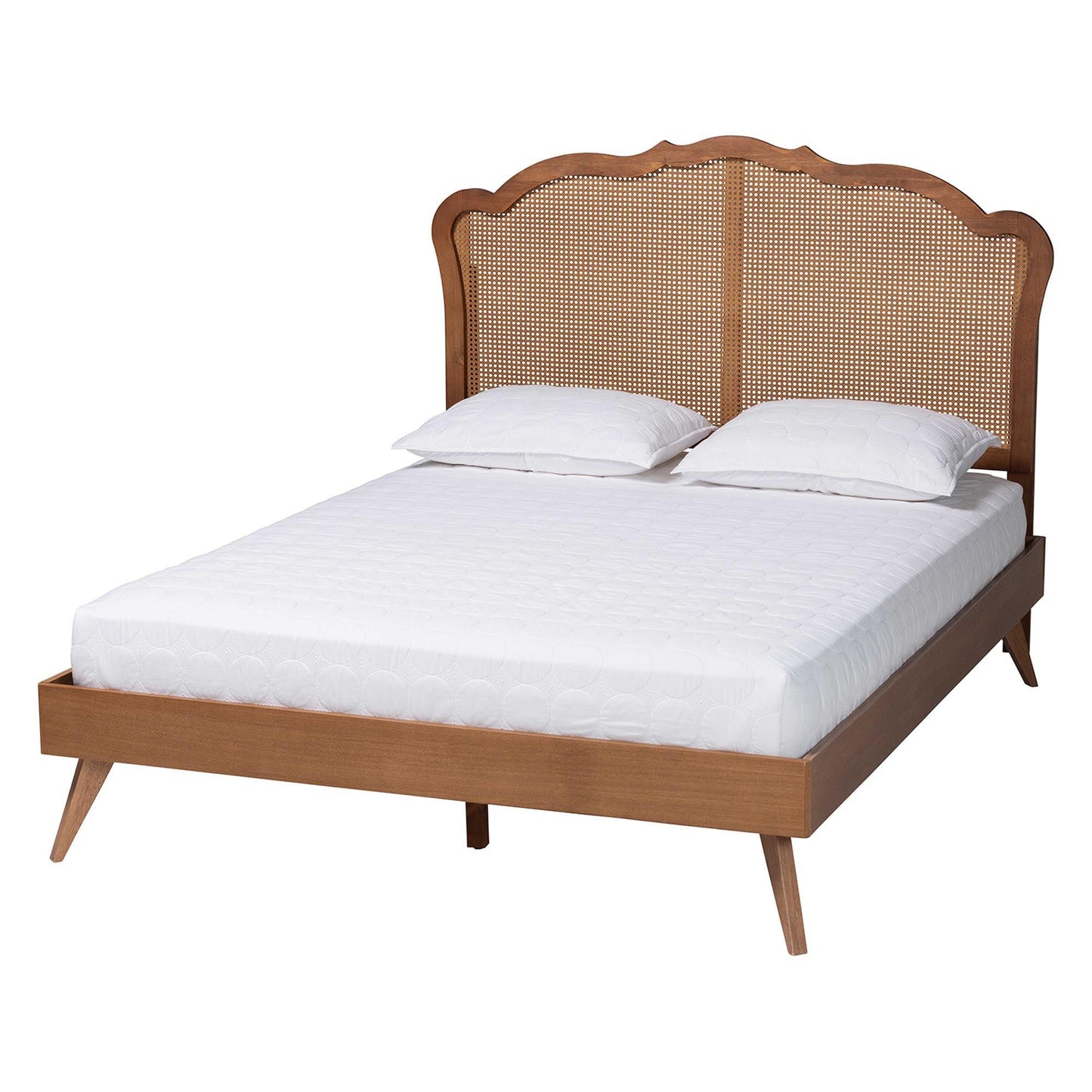 Baxton Studio Aithan Mid-Century Walnut Brown Wood and Rattan King Size Platform Bed FredCo
