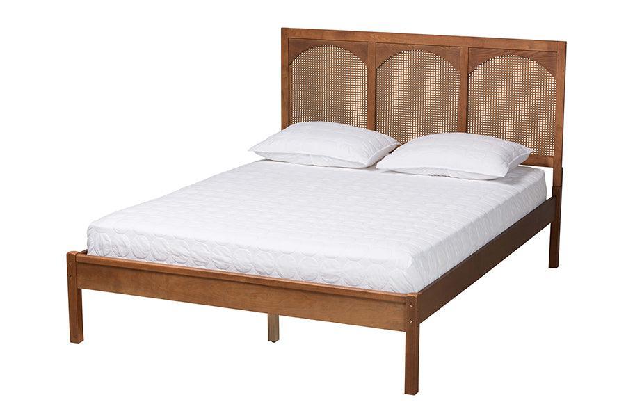 Baxton Studio Blossom Classic and Traditional Ash Walnut Finished Wood and Rattan Platform Bed FredCo