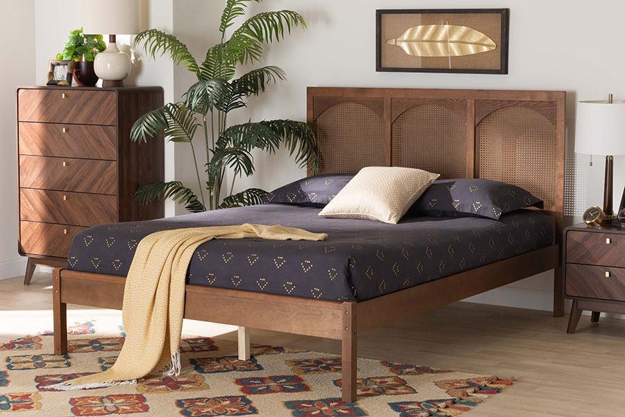 Baxton Studio Blossom Classic and Traditional Ash Walnut Finished Wood and Rattan Platform Bed FredCo