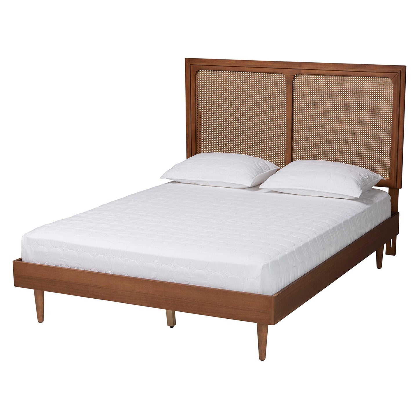 Baxton Studio Boris Mid-Century Modern Ash Walnut Woven Rattan Queen Size Bed FredCo