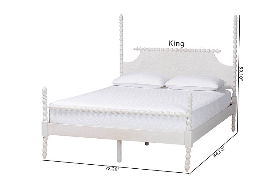 Baxton Studio Caliana Queen Bobbin Four-Poster Bed – Turned Spindle Post Wood Bed Frame with Panel Headboard, White FredCo