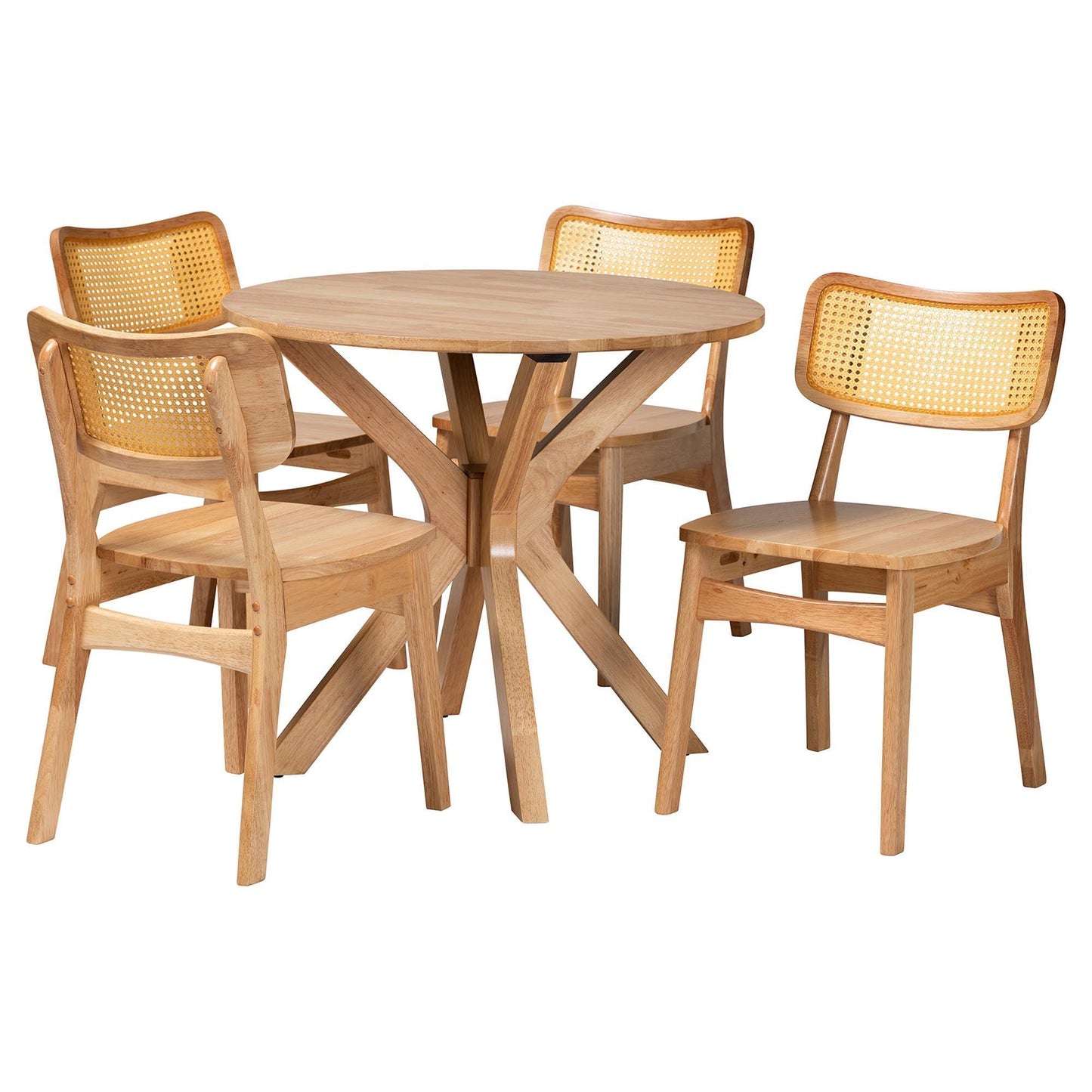 Baxton Studio Camilo Mid-Century Modern Oak Brown Finished Wood and Rattan 5-Piece Dining Set FredCo