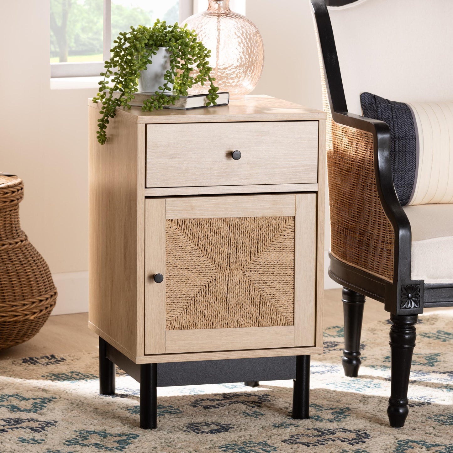 Baxton Studio Cherelle Mid-Century Modern Light Brown and Black 1-Drawer End Table FredCo