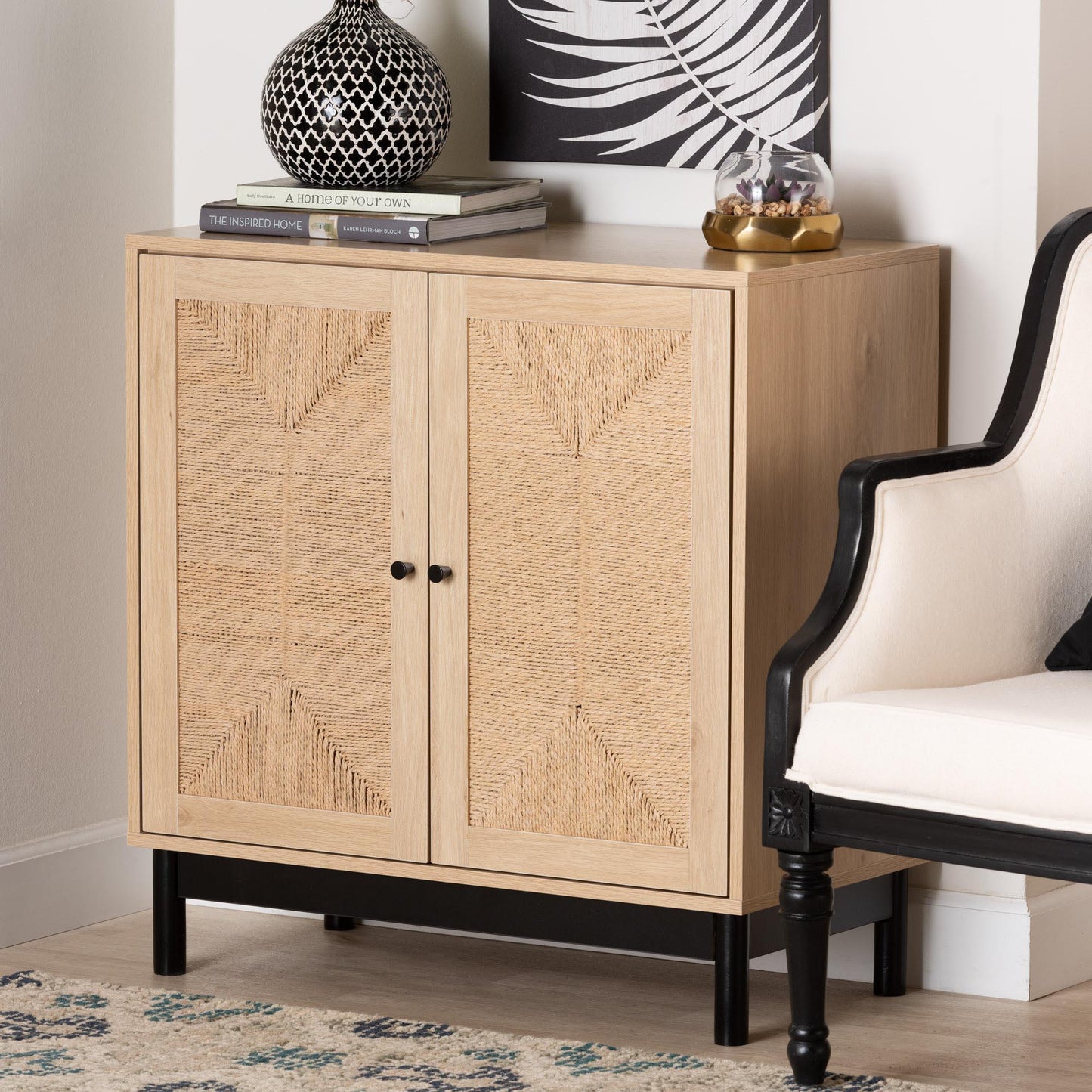 Baxton Studio Cherelle Mid-Century Modern Light Brown and Black 2-Door Storage Cabinet FredCo