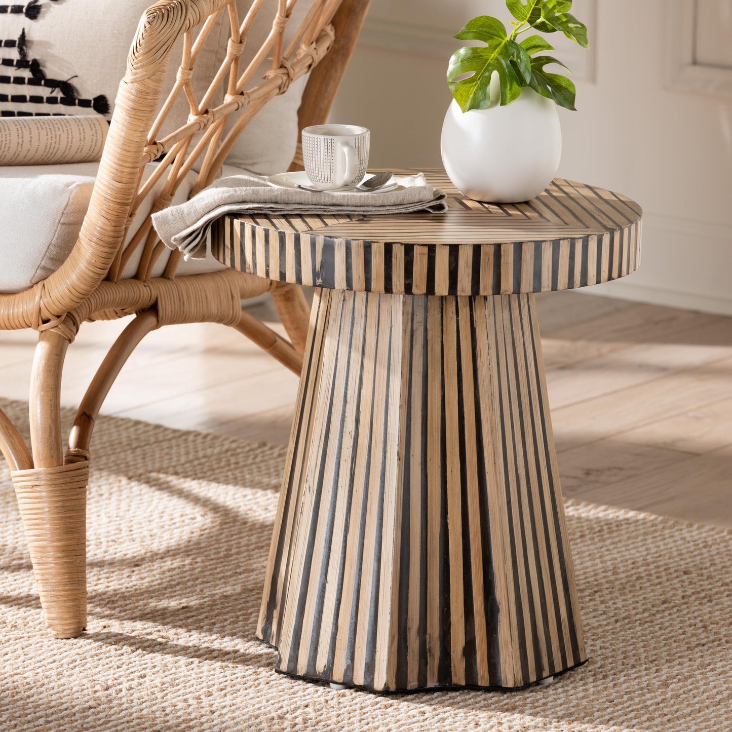 Baxton Studio Devika Modern Bohemian Two-Tone Natural and Dark Brown Bamboo End Table FredCo