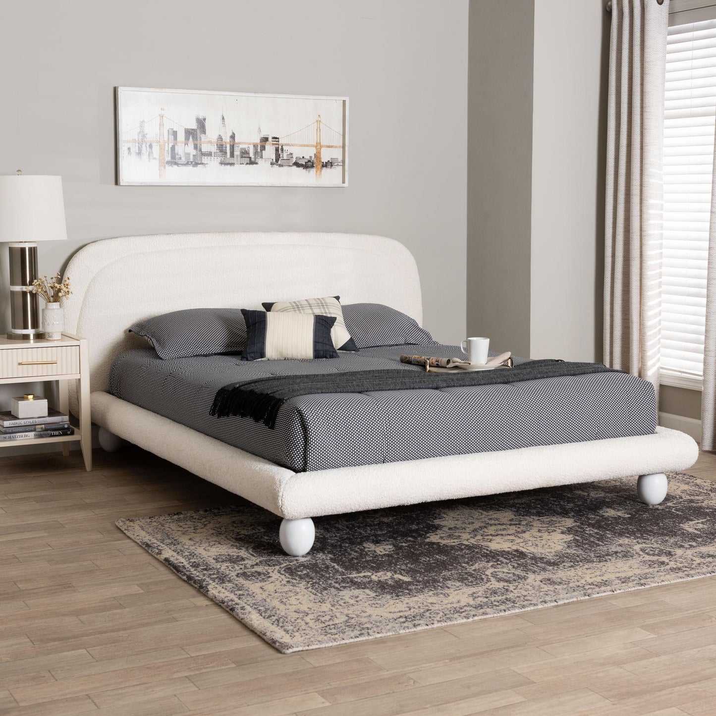 Baxton Studio Eladio Modern Luxe Ivory Boucle Fabric Queen Size Bed FredCo