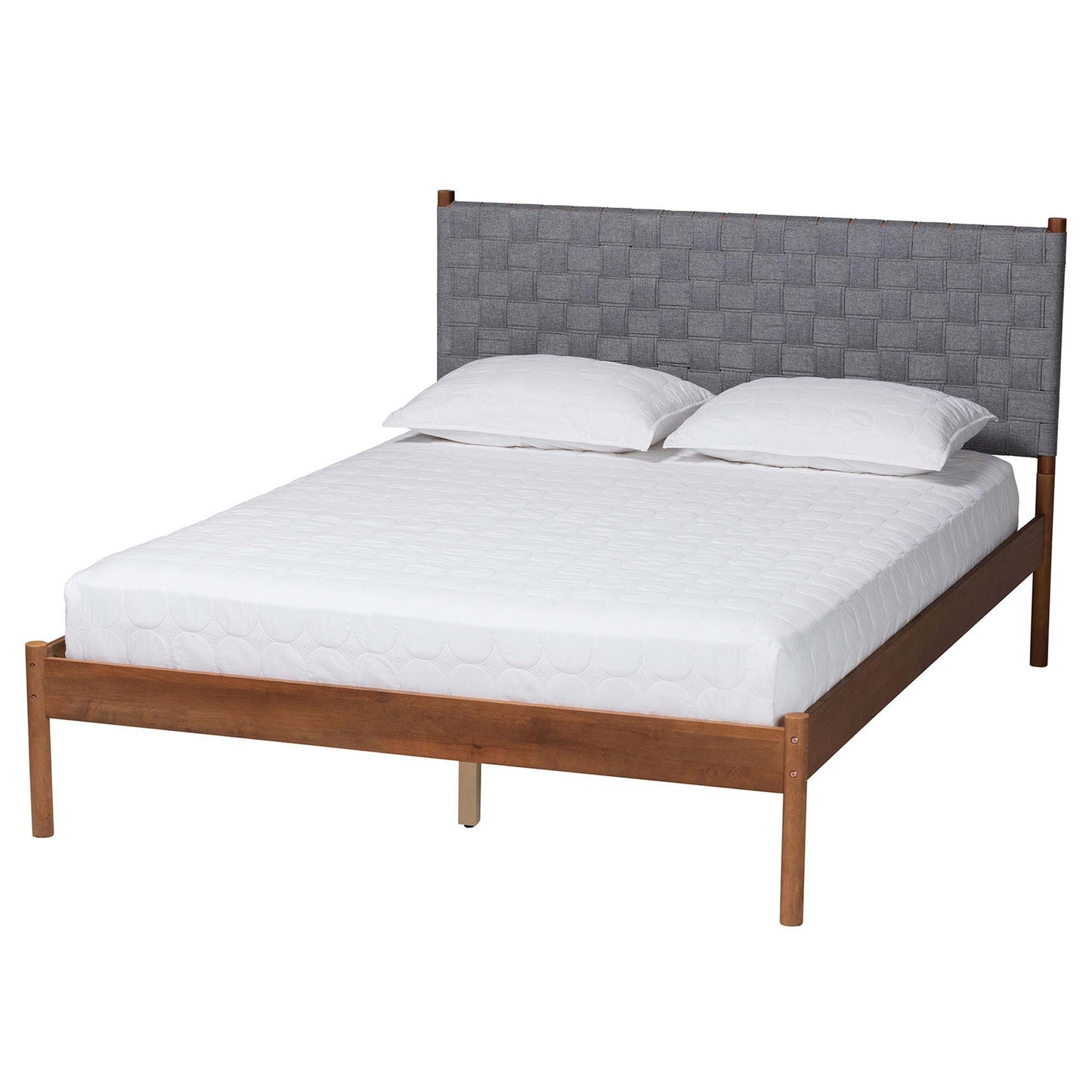 Baxton Studio Estela Mid-Century Modern Grey Woven Fabric and Walnut Brown Wood Queen Size Platform Bed FredCo