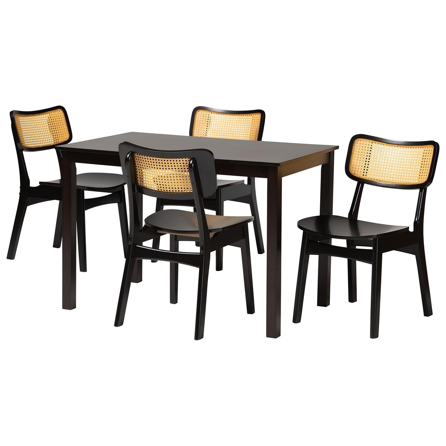 Baxton Studio Estera Mid-Century Modern Dark Brown Finished Wood and Rattan 5-Piece Dining Set FredCo