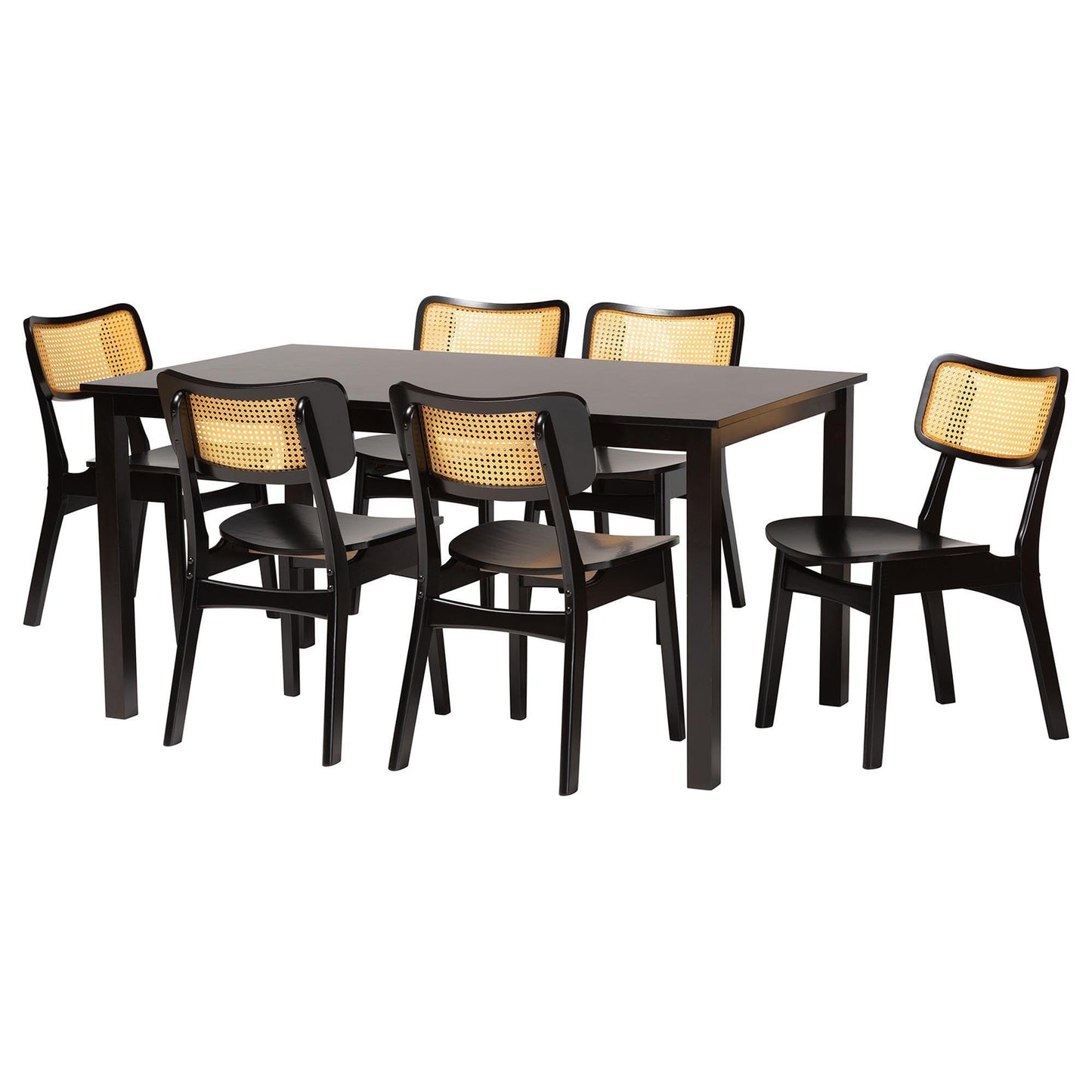 Baxton Studio Estera Mid-Century Modern Dark Brown Finished Wood and Rattan 7-Piece Dining Set FredCo