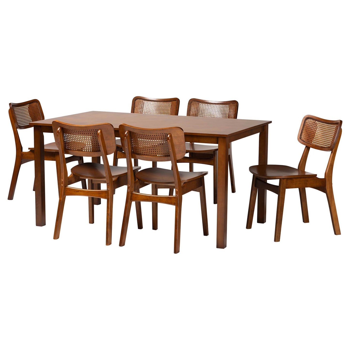 Baxton Studio Estera Mid-Century Modern Walnut Brown Finished Wood and Rattan 7-Piece Dining Set FredCo