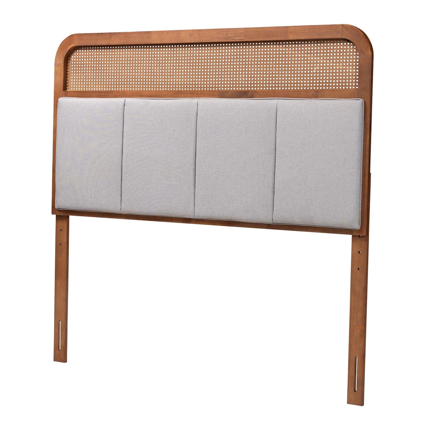 Baxton Studio Esti Mid-Century Modern Light Grey Fabric and Ash Walnut Finished Wood Headboard with Rattan FredCo