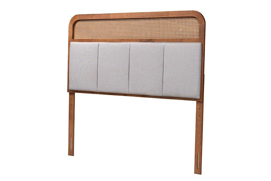 Baxton Studio Esti Mid-Century Modern Light Grey Fabric and Ash Walnut Finished Wood Headboard with Rattan FredCo