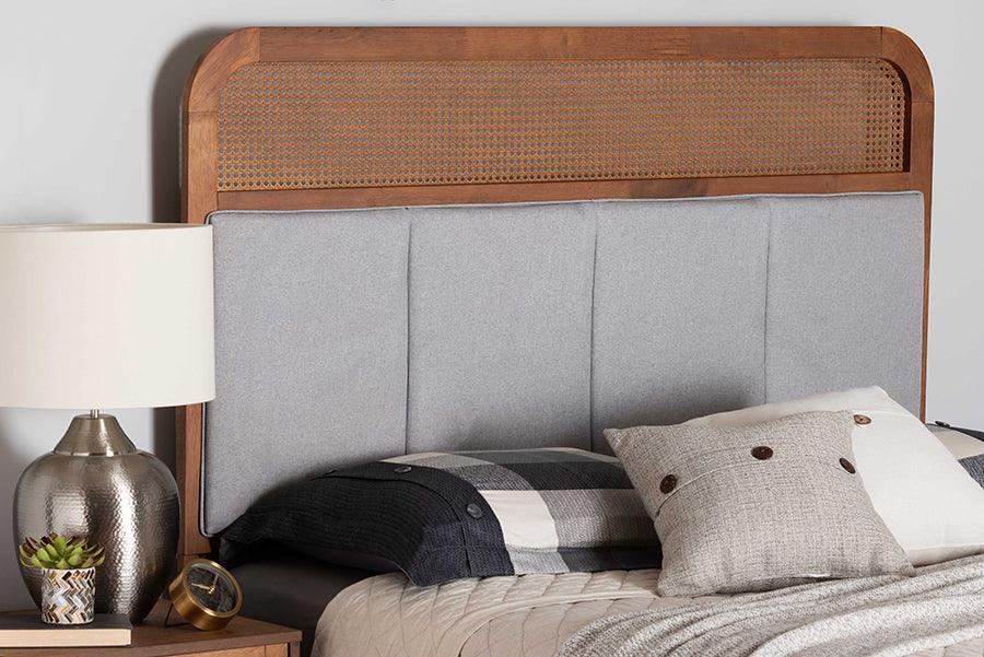 Baxton Studio Esti Mid-Century Modern Light Grey Fabric and Ash Walnut Finished Wood Headboard with Rattan FredCo