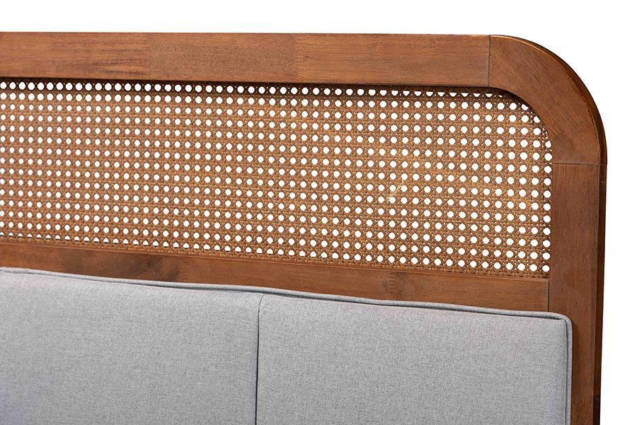 Baxton Studio Esti Mid-Century Modern Light Grey Fabric and Ash Walnut Finished Wood Headboard with Rattan FredCo