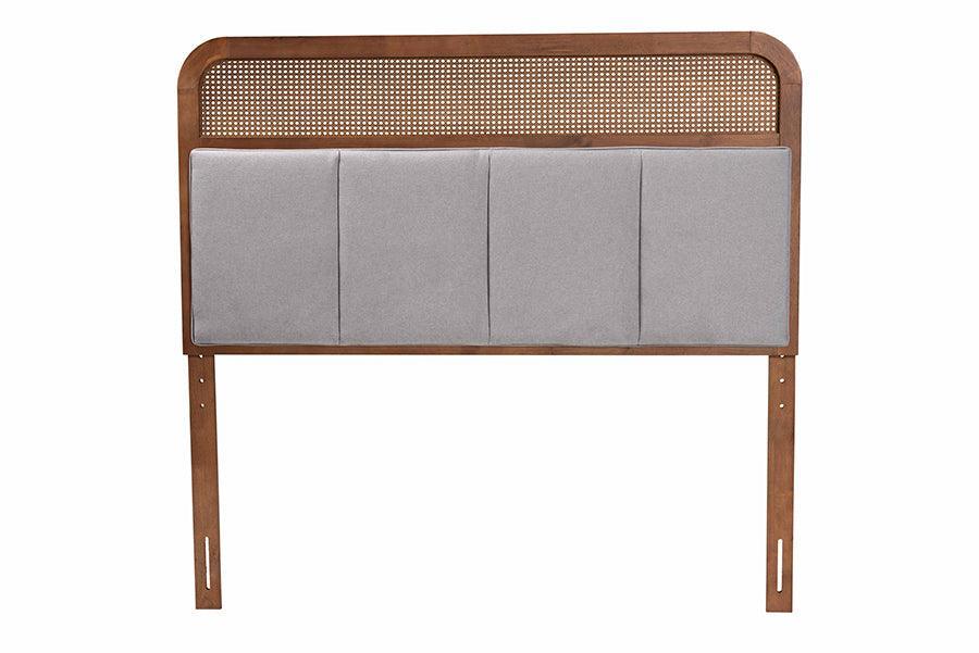 Baxton Studio Esti Mid-Century Modern Light Grey Fabric and Ash Walnut Finished Wood Headboard with Rattan FredCo