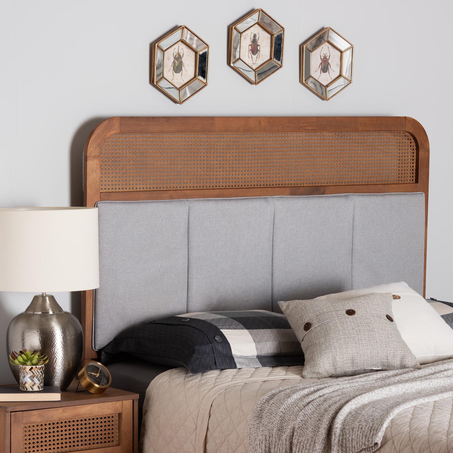 Baxton Studio Esti Mid-Century Modern Light Grey Fabric and Ash Walnut Finished Wood Headboard with Rattan FredCo
