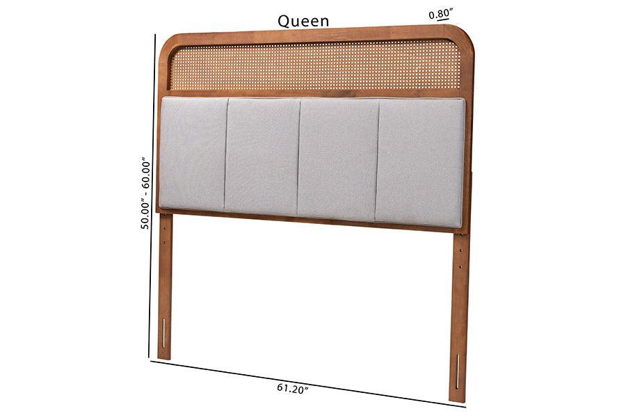 Baxton Studio Esti Mid-Century Modern Light Grey Fabric and Ash Walnut Finished Wood Headboard with Rattan FredCo