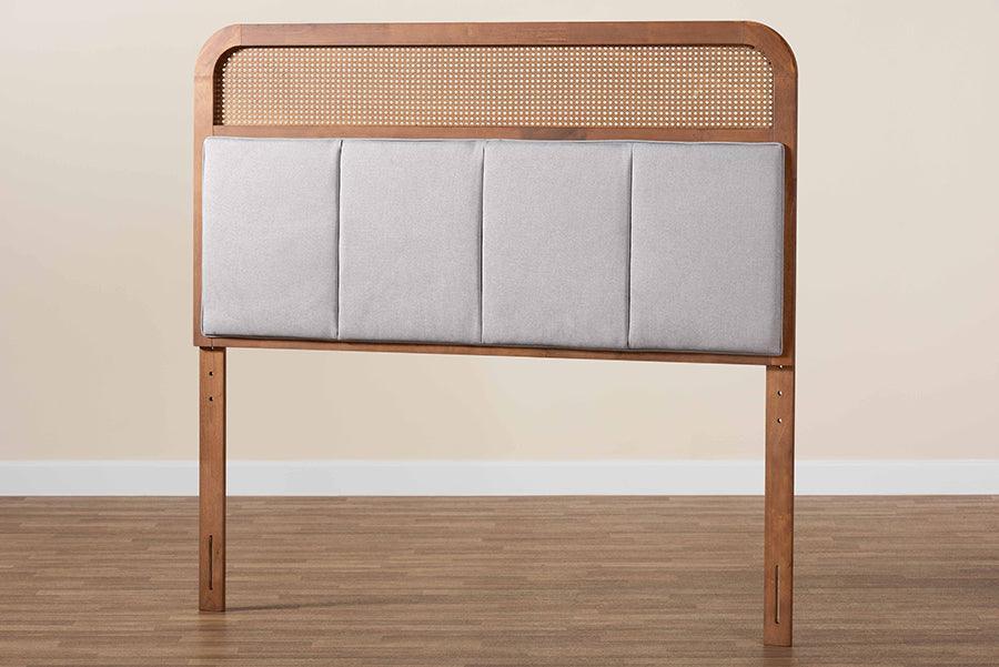 Baxton Studio Esti Mid-Century Modern Light Grey Fabric and Ash Walnut Finished Wood Headboard with Rattan FredCo