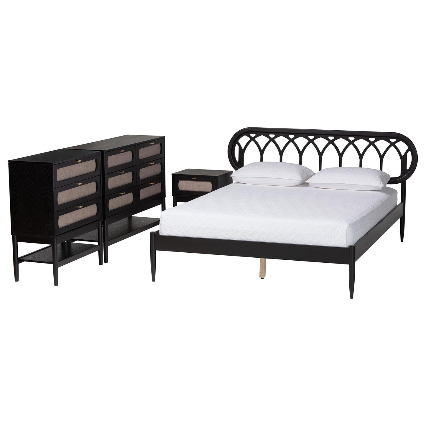 Baxton Studio Florica Art Deco Black Wood Queen 4-Piece Bedroom Set FredCo