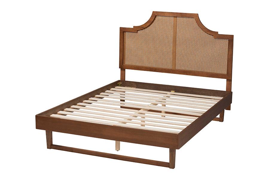 Baxton Studio Francine Mid-Century Modern Ash Walnut Woven Rattan King Size Bed FredCo