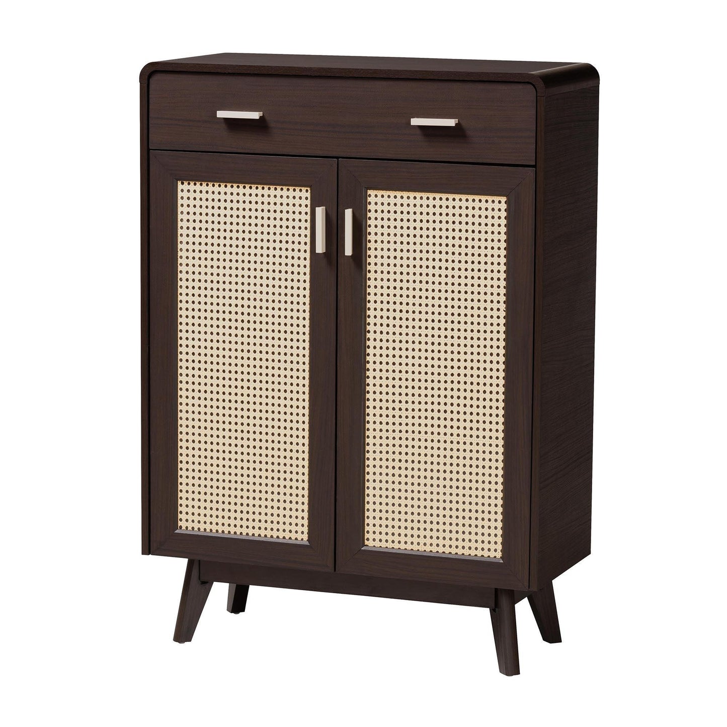 Baxton Studio Giancarlo Mid-Century Modern Espresso Brown Wood 2-Door Shoe Cabinet with Rattan Door FredCo