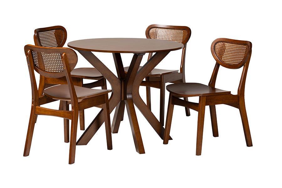 Baxton Studio Giuliana Mid-Century Modern Walnut Brown Finished Wood and Woven Rattan 5-Piece Dining Set FredCo