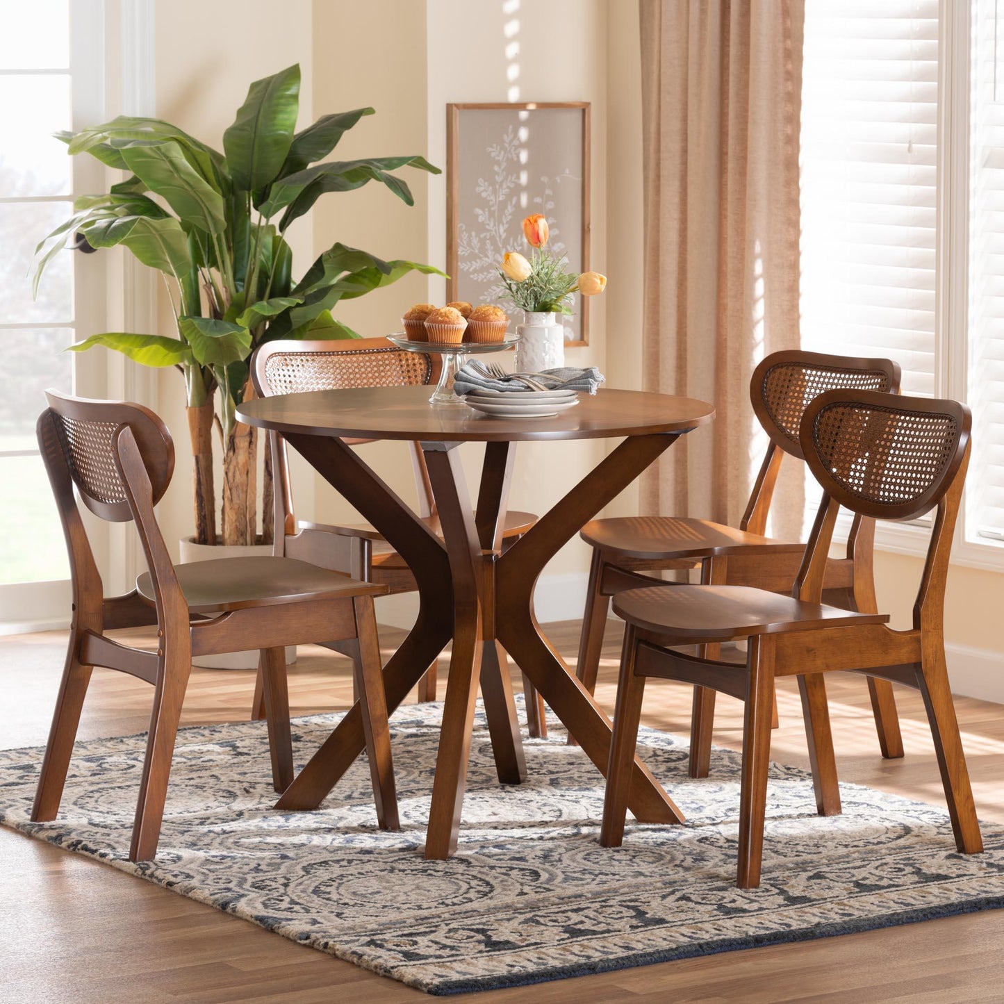 Baxton Studio Giuliana Mid-Century Modern Walnut Brown Finished Wood and Woven Rattan 5-Piece Dining Set FredCo