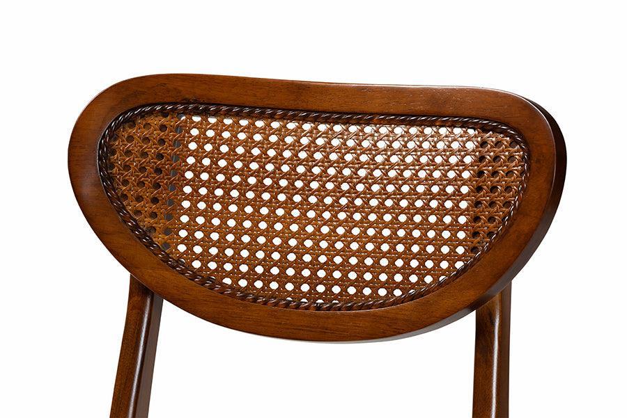 Baxton Studio Giuliana Mid-Century Modern Walnut Brown Finished Wood and Woven Rattan 5-Piece Dining Set FredCo