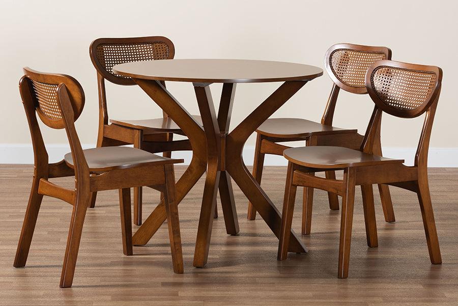 Baxton Studio Giuliana Mid-Century Modern Walnut Brown Finished Wood and Woven Rattan 5-Piece Dining Set FredCo