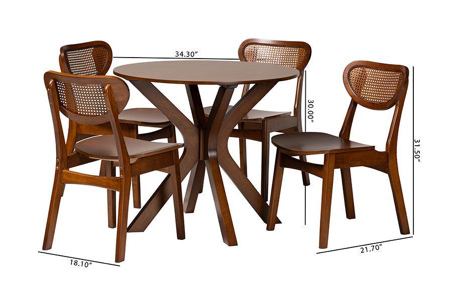 Baxton Studio Giuliana Mid-Century Modern Walnut Brown Finished Wood and Woven Rattan 5-Piece Dining Set FredCo