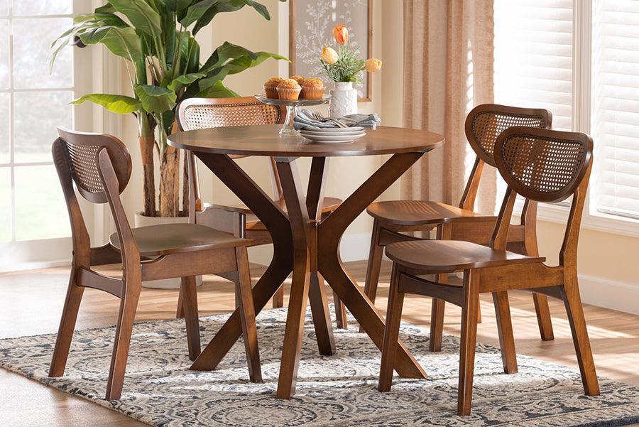 Baxton Studio Giuliana Mid-Century Modern Walnut Brown Finished Wood and Woven Rattan 5-Piece Dining Set FredCo
