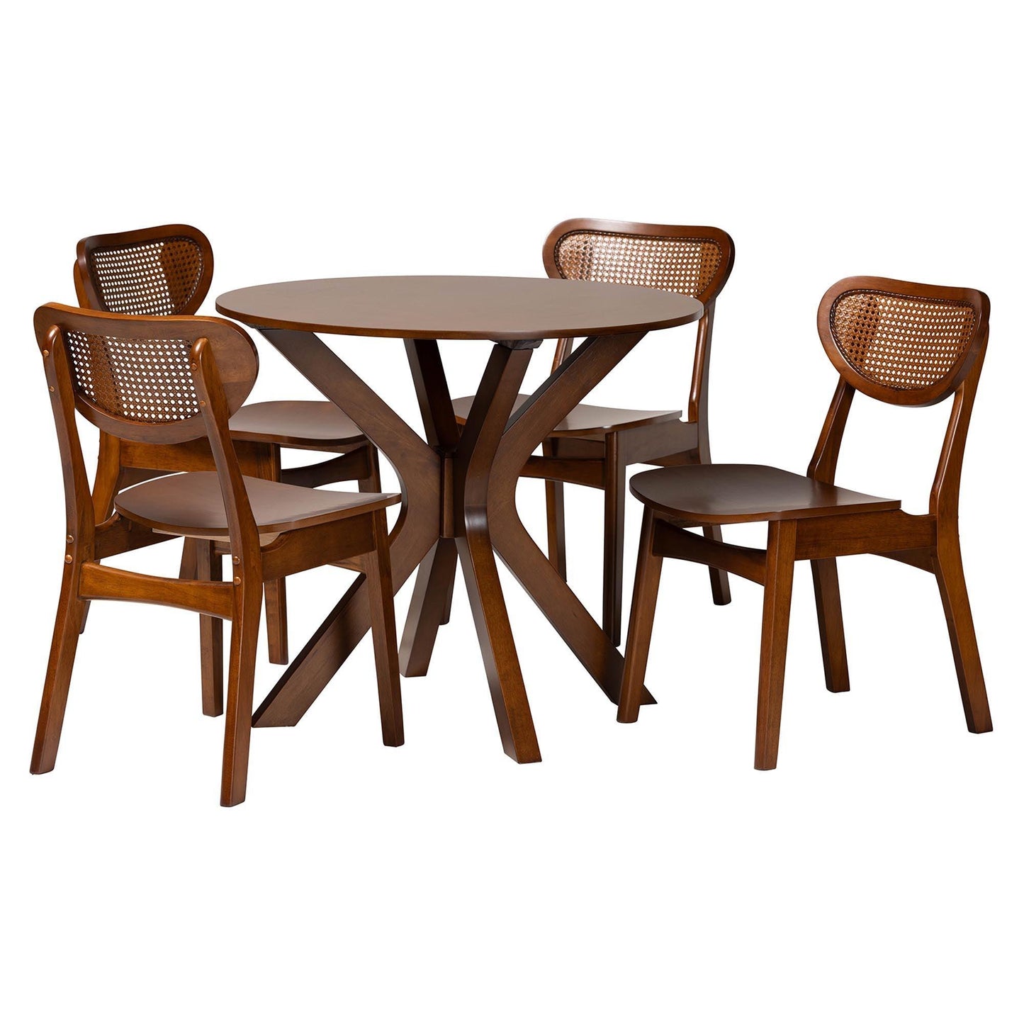 Baxton Studio Giuliana Mid-Century Modern Walnut Brown Finished Wood and Woven Rattan 5-Piece Dining Set FredCo