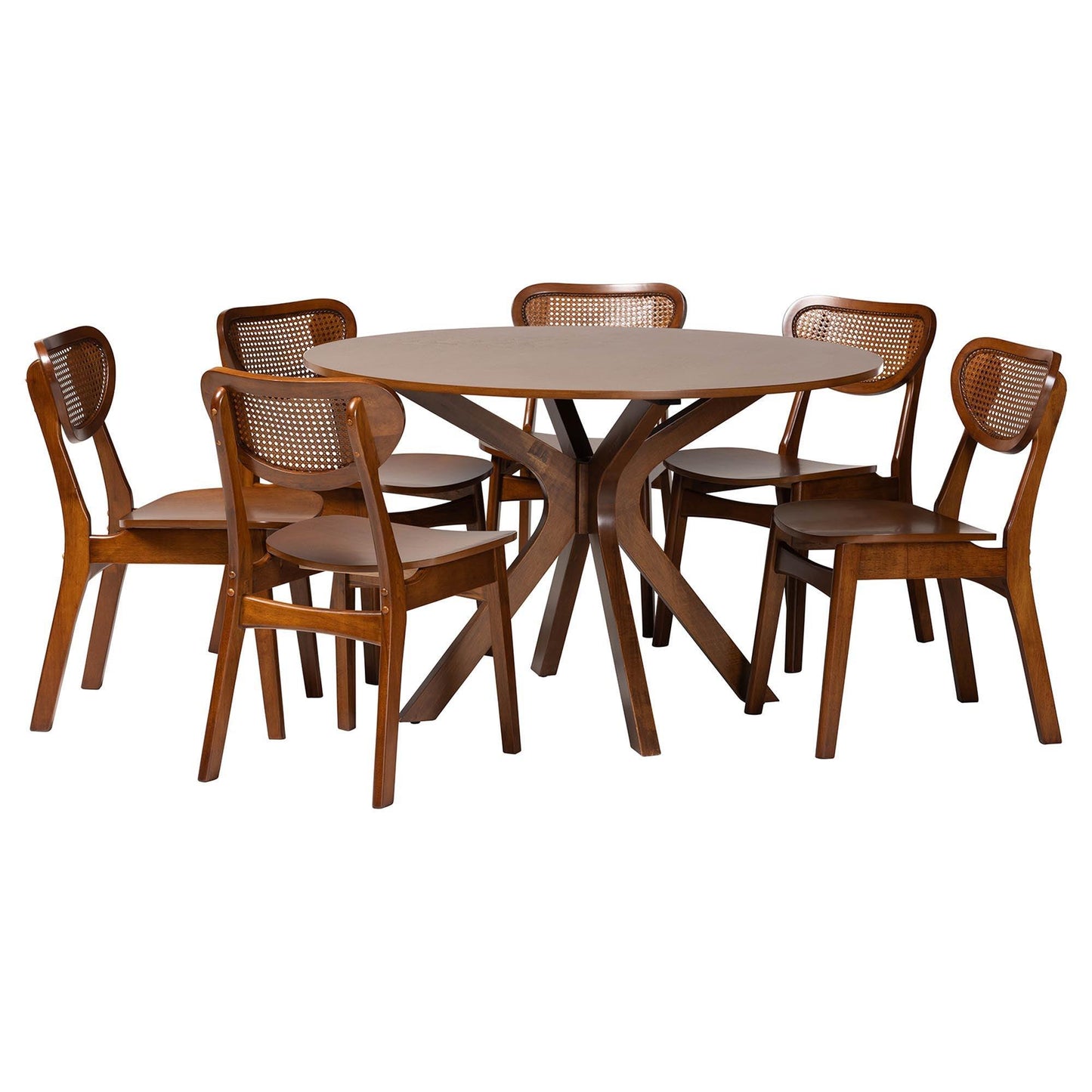 Baxton Studio Giuliana Mid-Century Modern Walnut Brown Finished Wood and Woven Rattan 7-Piece Dining Set FredCo