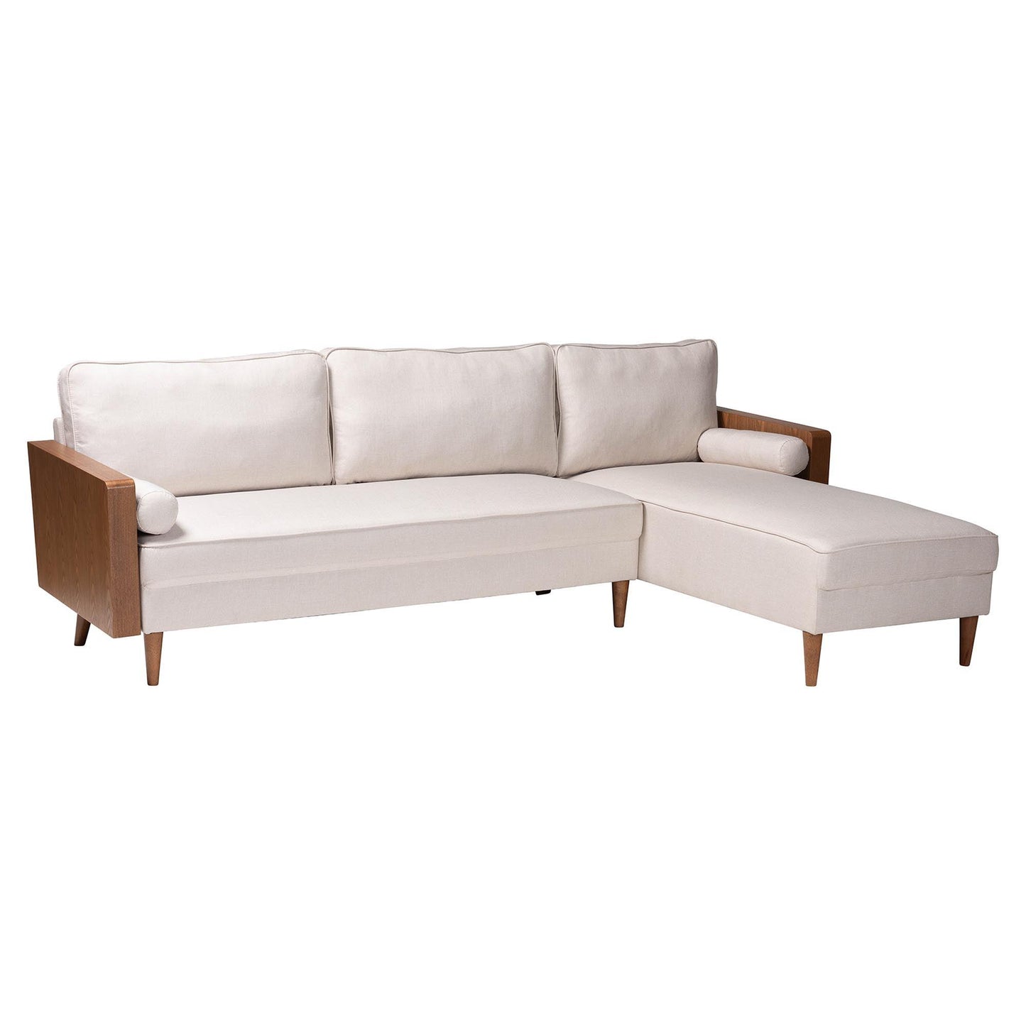 Baxton Studio Harleson Mid-Century Modern Beige Fabric and Walnut Brown Wood Right Facing Sectional Sofa FredCo