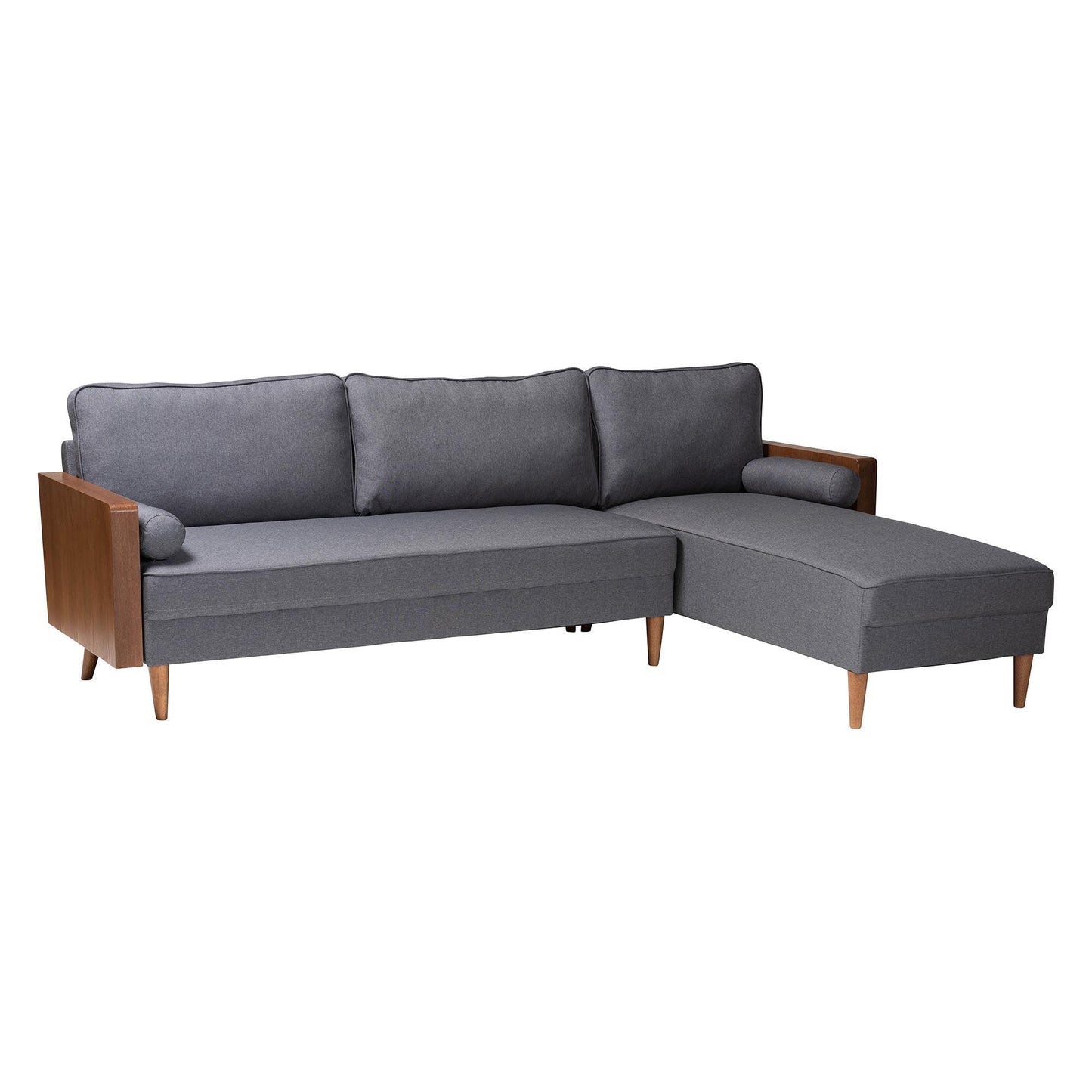 Baxton Studio Harleson Mid-Century Modern Grey Fabric and Walnut Brown Wood Right Facing Sectional Sofa FredCo