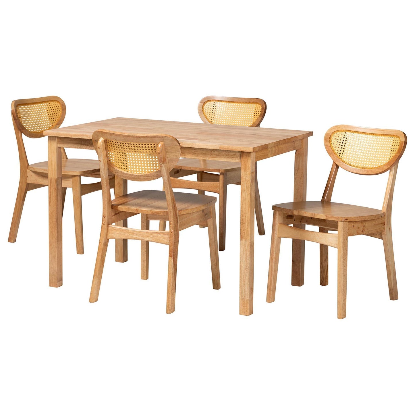 Baxton Studio Haviland Mid-Century Modern Oak Brown Finished Wood and Rattan 5-Piece Dining Set FredCo